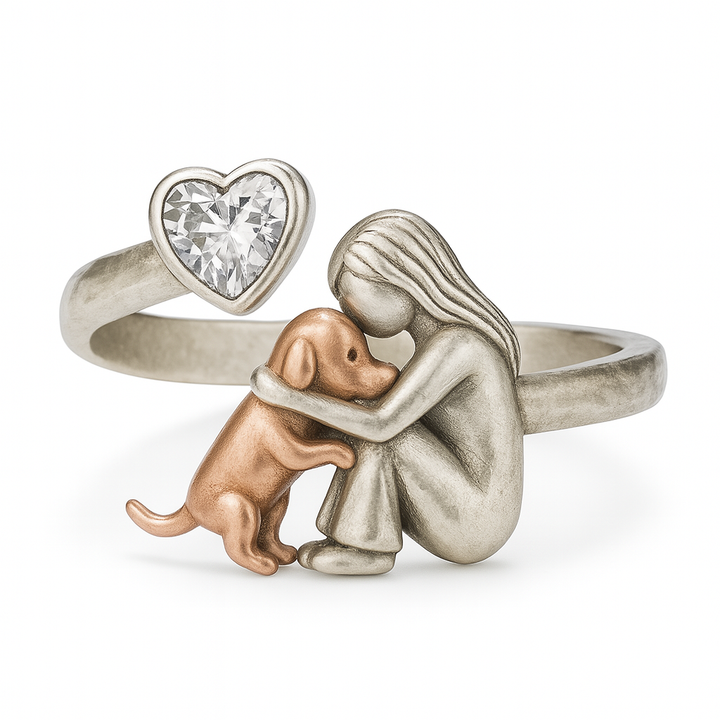 Handcrafted 925 Sterling Silver Dog Ring with Heart-Shaped Cubic Zirconia - Adjustable