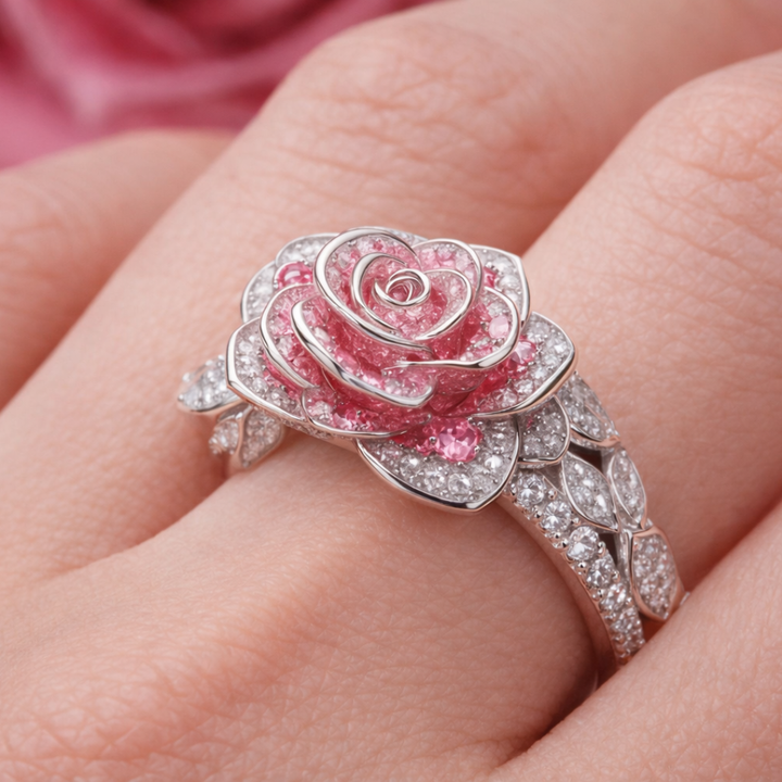 Silver ring with pink flower