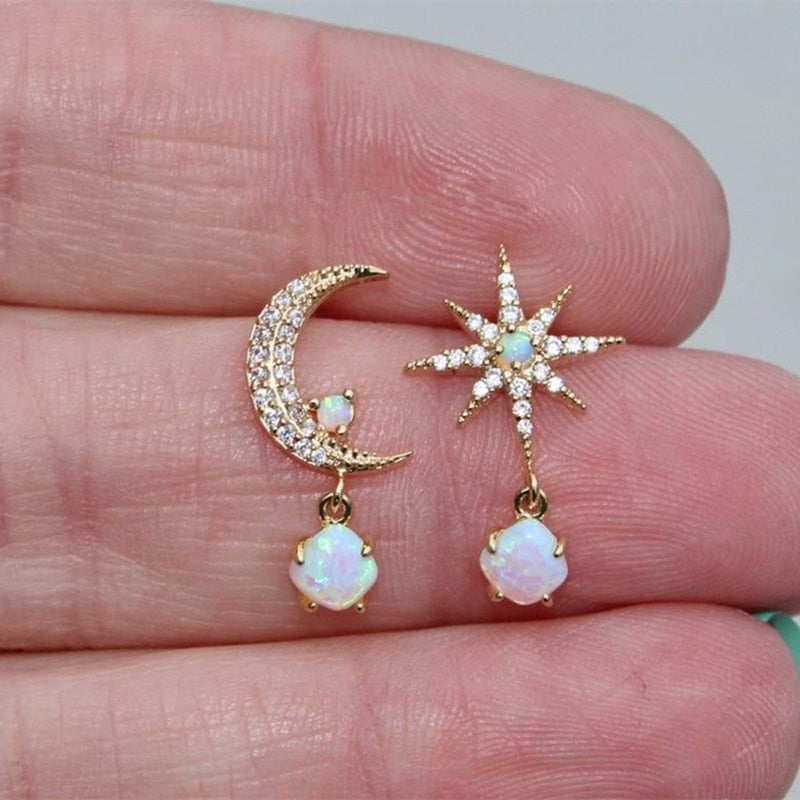 Opal Earrings in Gold with Moon and Star