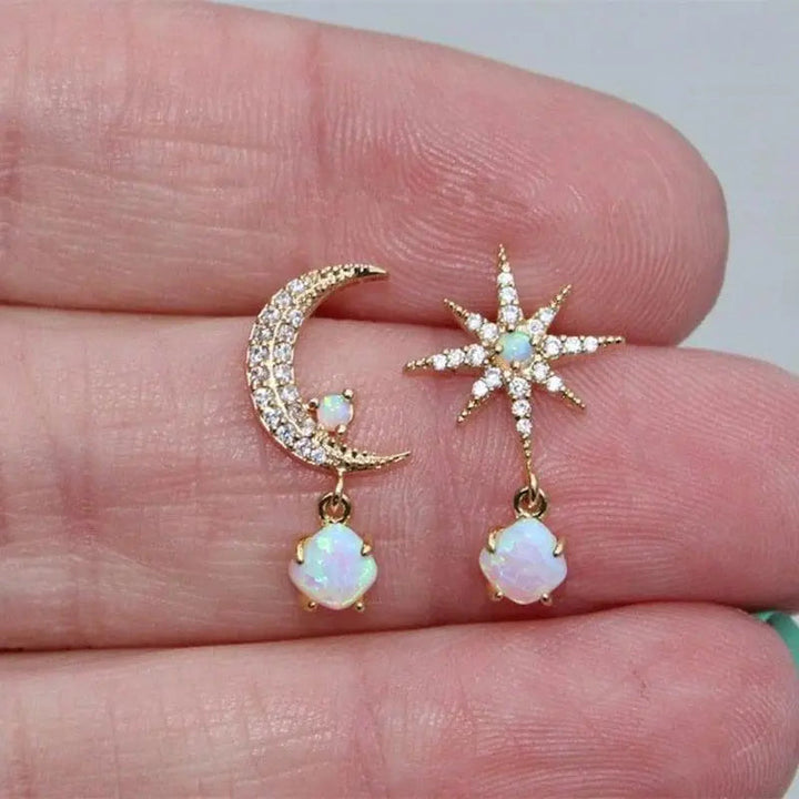 Gold and Opal Moon and Star Earrings