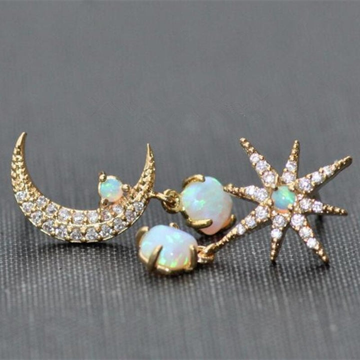 Opal Earrings in Gold with Moon and Star