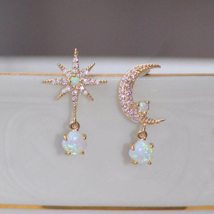 Opal Earrings in Gold with Moon and Star