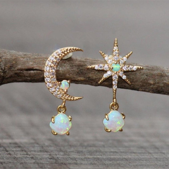 Opal Earrings in Gold with Moon and Star