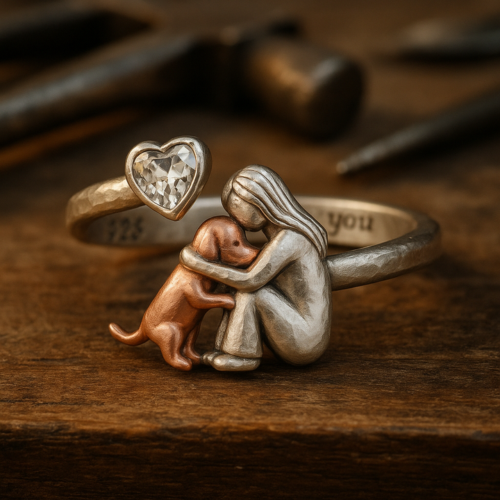 Handcrafted 925 Sterling Silver Dog Ring with Heart-Shaped Cubic Zirconia - Adjustable