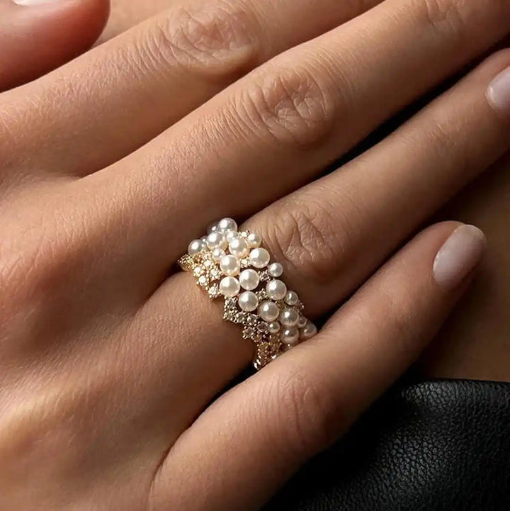 Vintage adjustable pearl and cubic zirconia ring