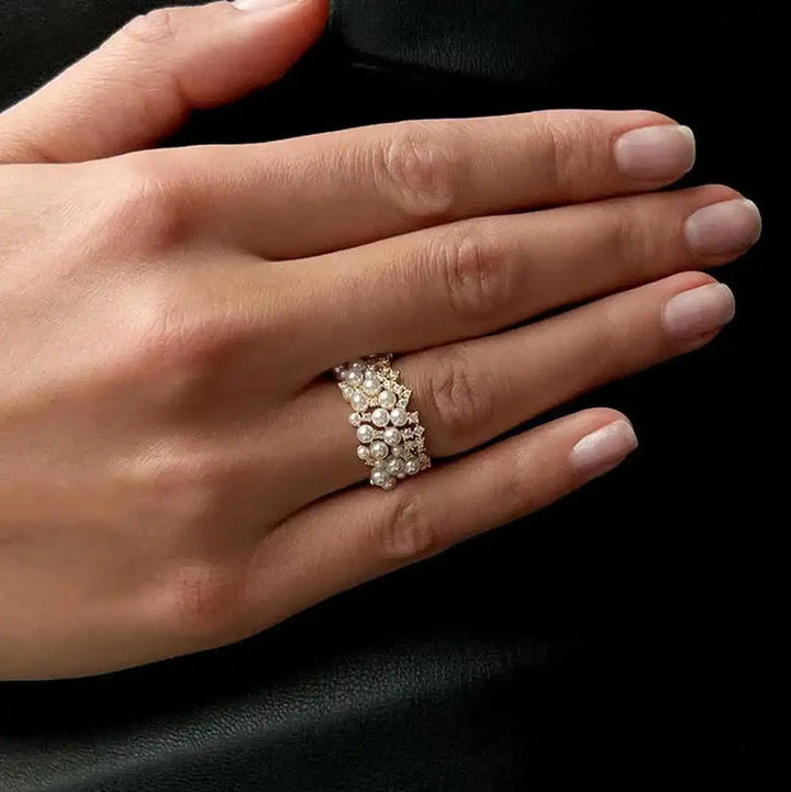 Vintage adjustable pearl and cubic zirconia ring
