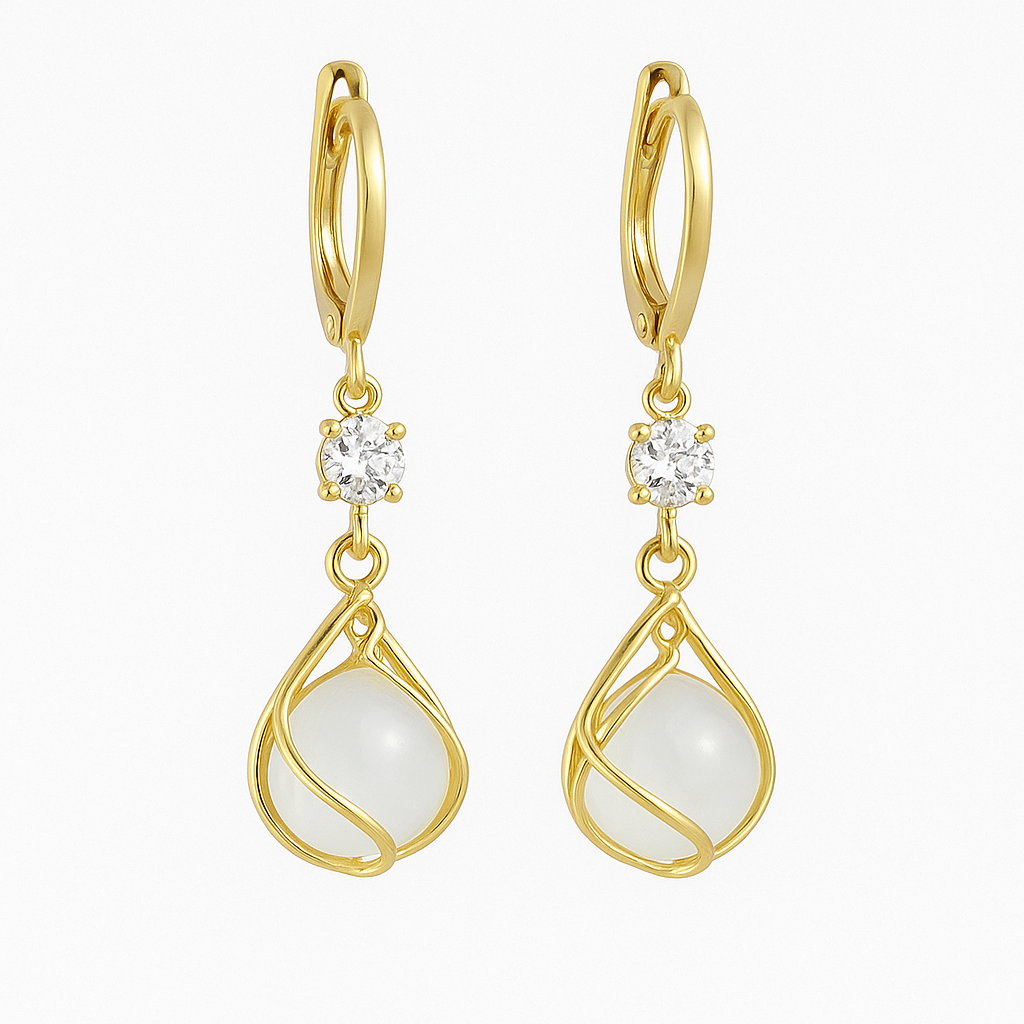Gold Drop Earrings with White Opal and Wire Wrapping - Haller