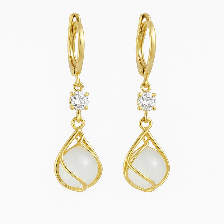 Gold Drop Earrings with White Opal and Wire Wrapping - Haller
