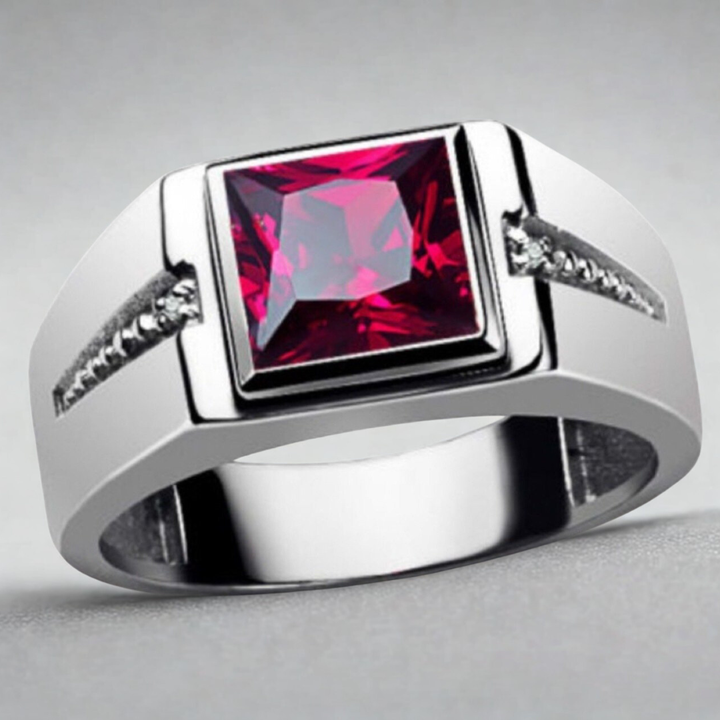 Square Crystal Signet Ring with Textured Band, Bezel-Set Stone