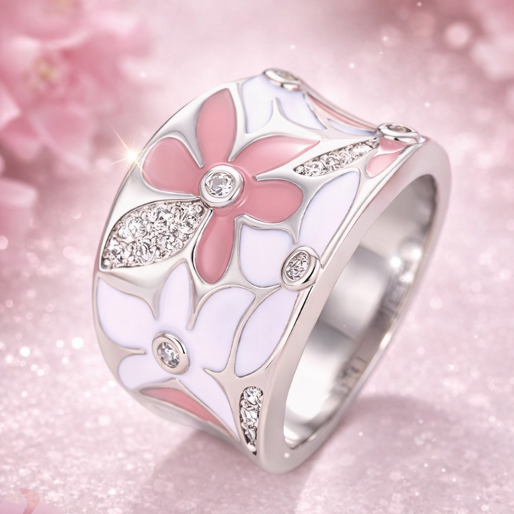 Vintage silver ring with pink flower