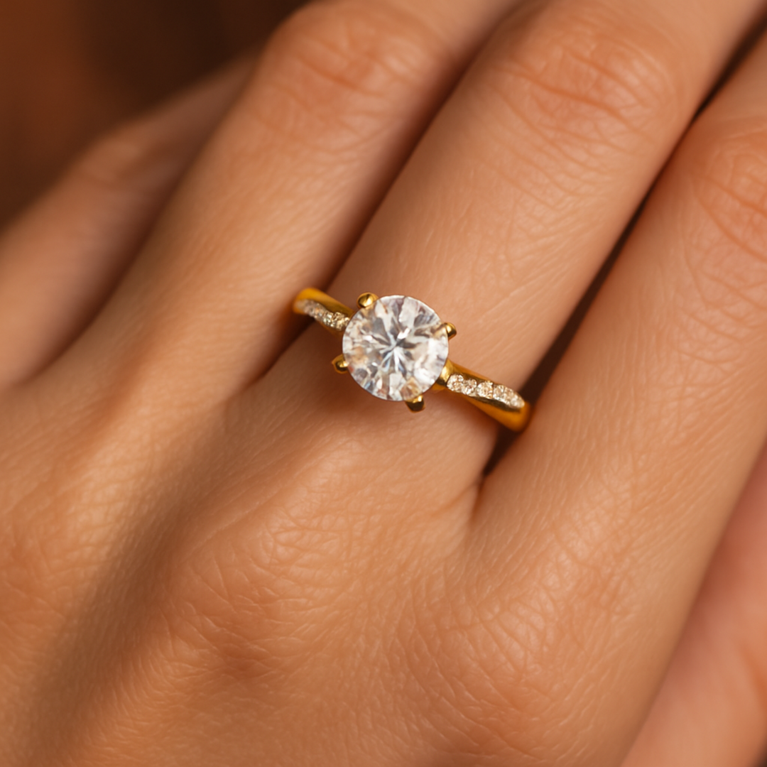 Gold-plated engagement ring with crystal