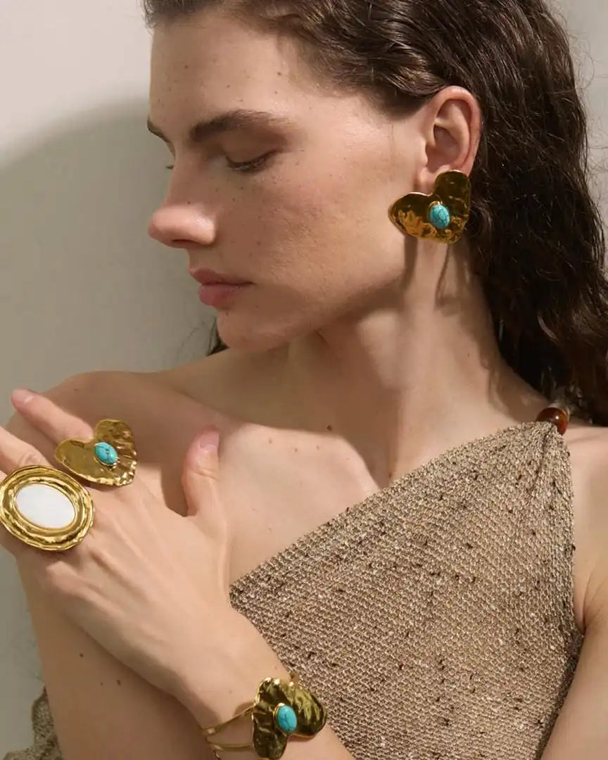 Vintage Gold Turquoise Heart Set - Earrings, Ring & Bracelet