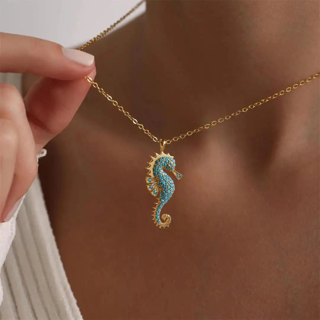 Gold Seahorse Turquoise Pendant Necklace