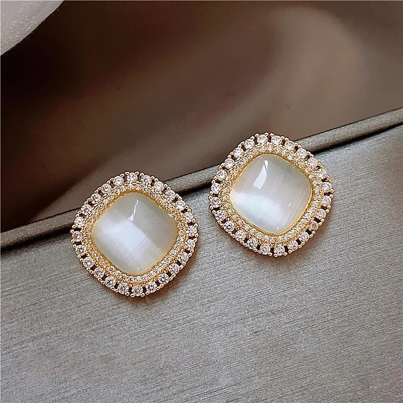 Chic Square Stud Earrings with Opal and Cubic Zirconia - Haller