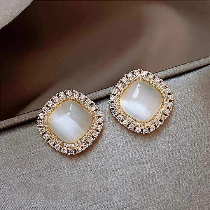 Chic Square Stud Earrings with Opal and Cubic Zirconia - Haller