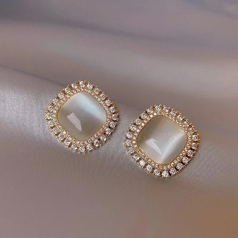 Chic Square Stud Earrings with Opal and Cubic Zirconia - Haller