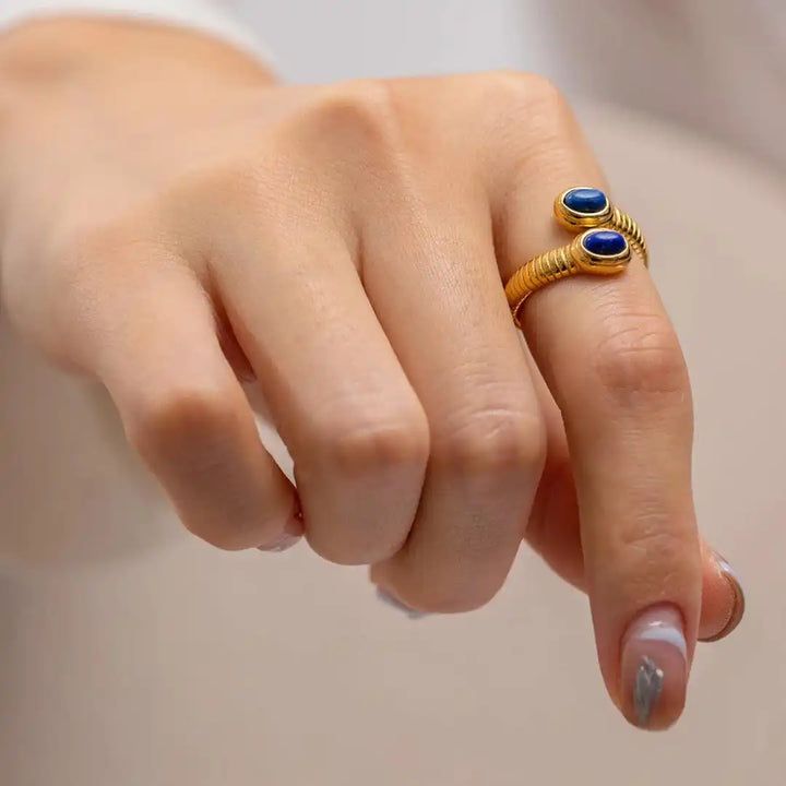 Boho adjustable gold ring with lapis lazuli & turquoise