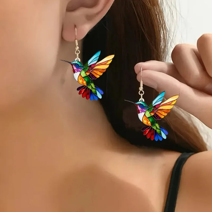 Acrylic Hummingbird Drop Earrings - Vibrant 2D Bird Design