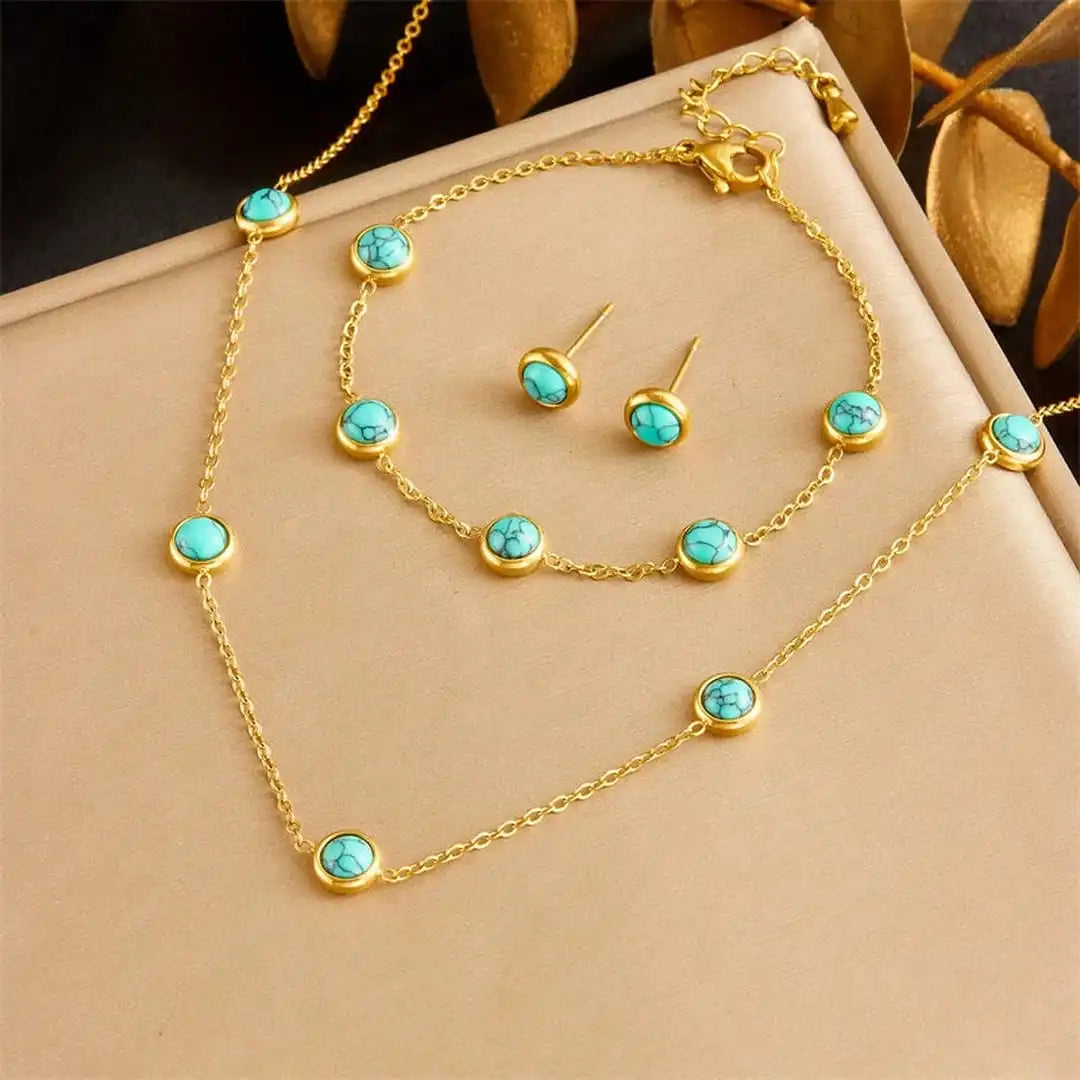 Boho Silver Turquoise Necklace, Earrings & Bracelet Set