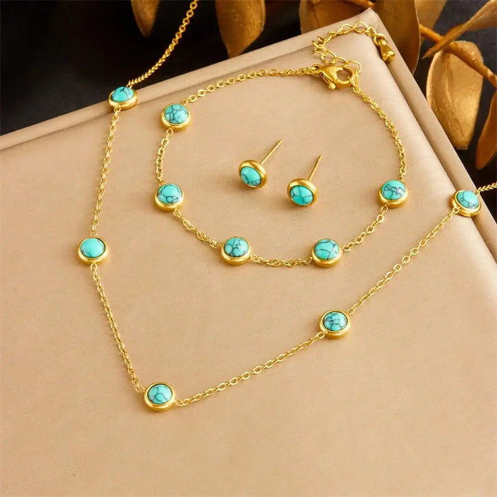 Boho Silver Turquoise Necklace, Earrings & Bracelet Set