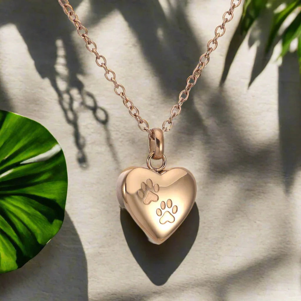 Pet Memorial Urn Necklace - Heart-Shaped Pendant with Paw Engraving