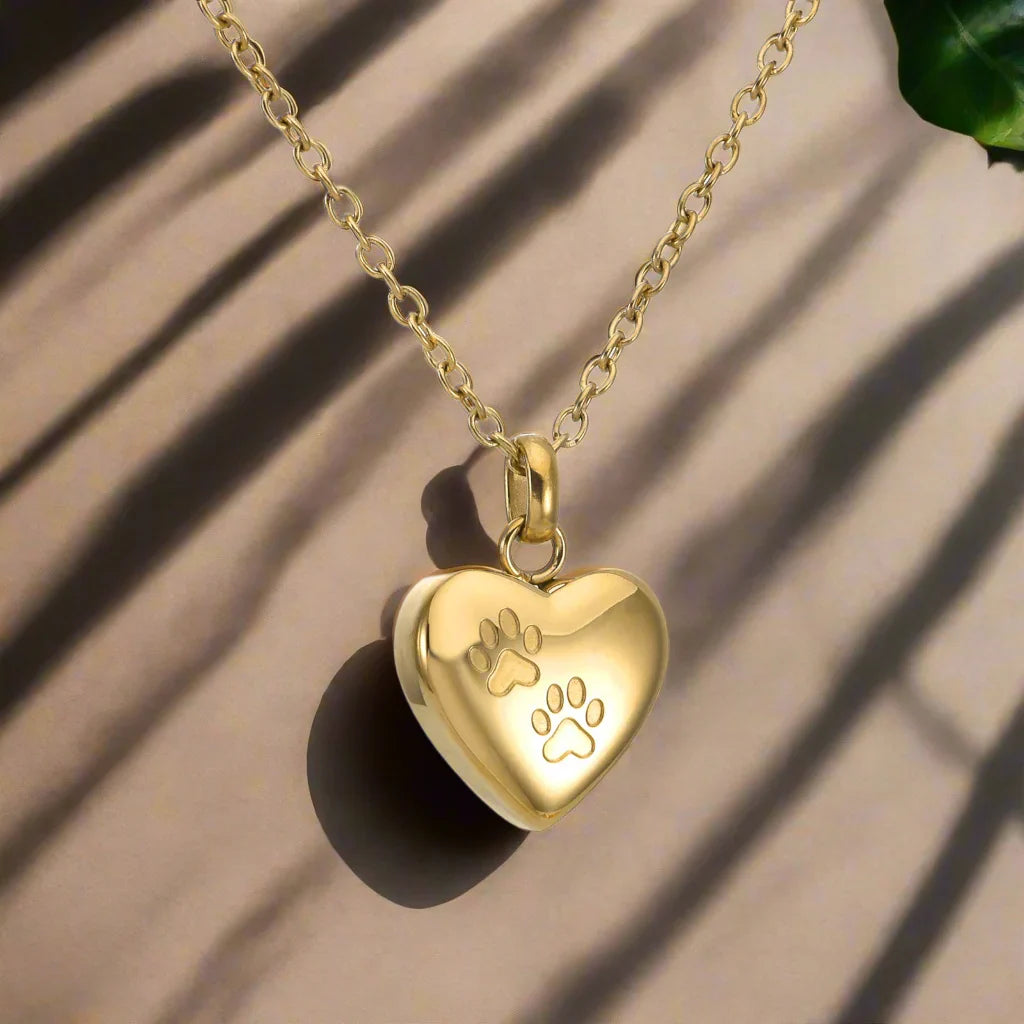 Pet Memorial Urn Necklace - Heart-Shaped Pendant with Paw Engraving