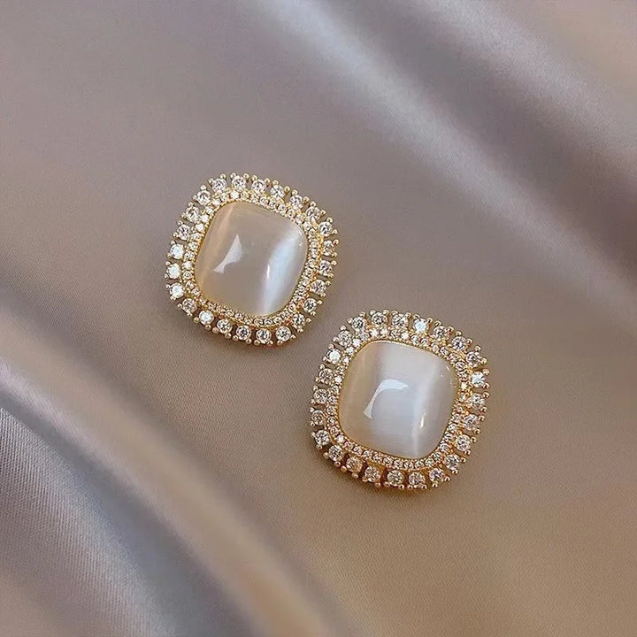 Chic Square Stud Earrings with Opal and Cubic Zirconia - Haller
