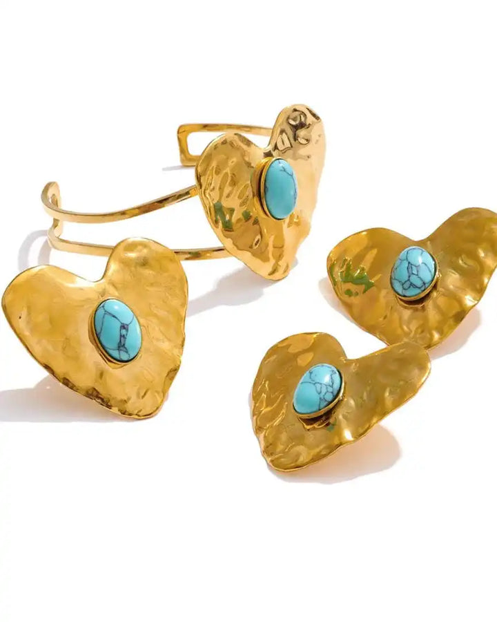Vintage Gold Turquoise Heart Set - Earrings, Ring & Bracelet