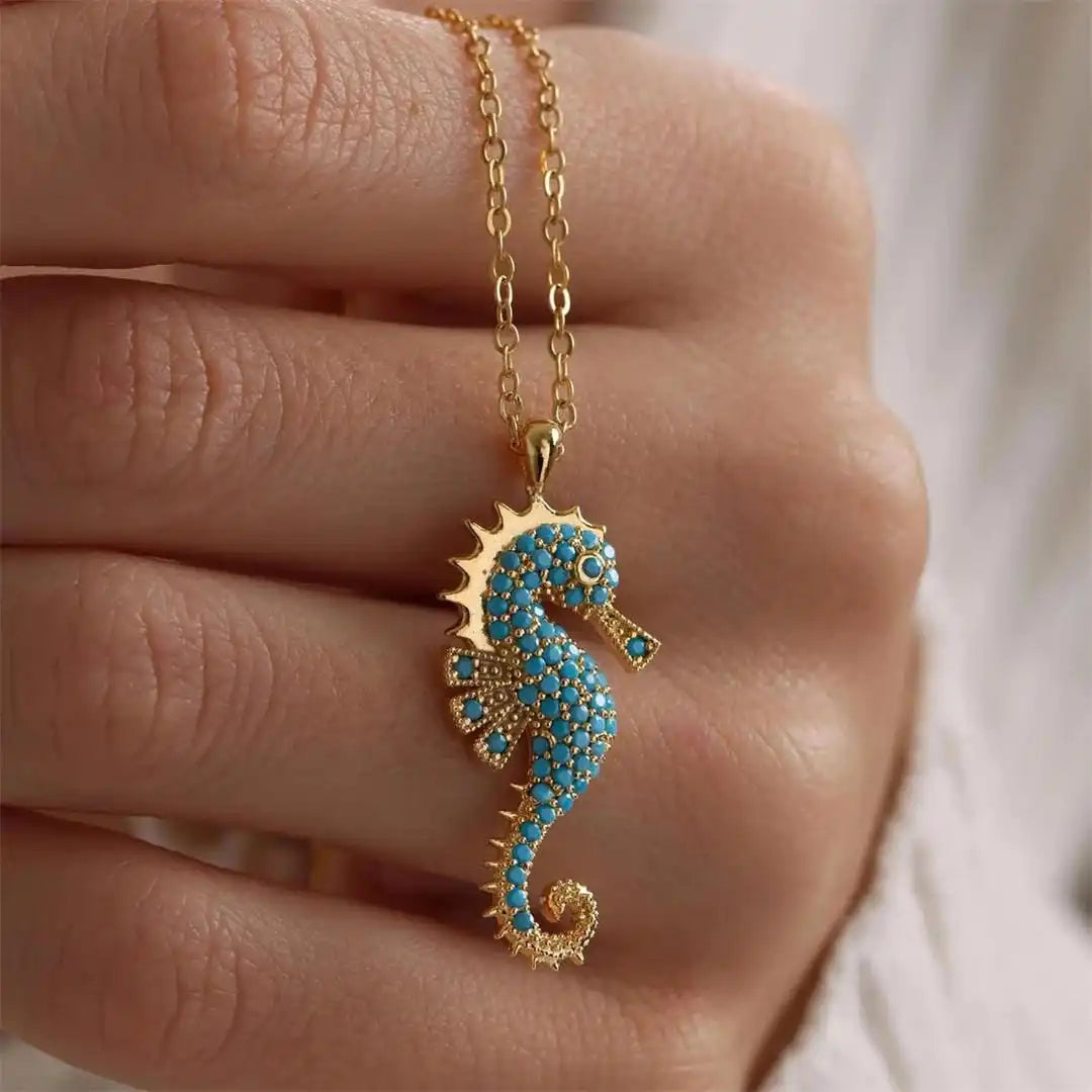 Gold Seahorse Turquoise Pendant Necklace