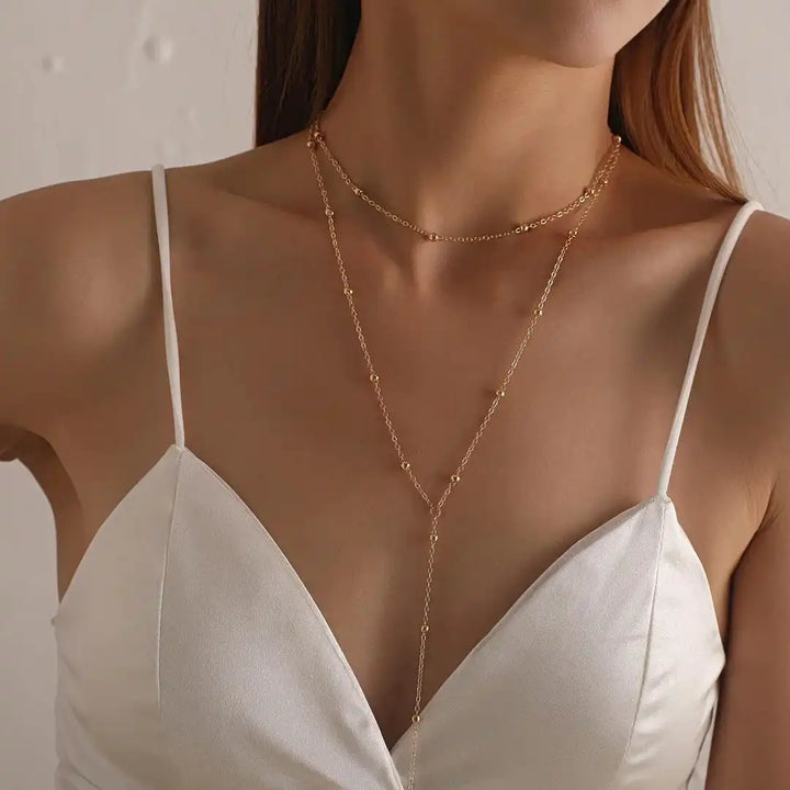 Gold-Tone Double-Strand Long Tassel Pearl Necklace