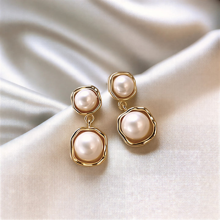 Gold-Framed Pearl Drop Earrings
