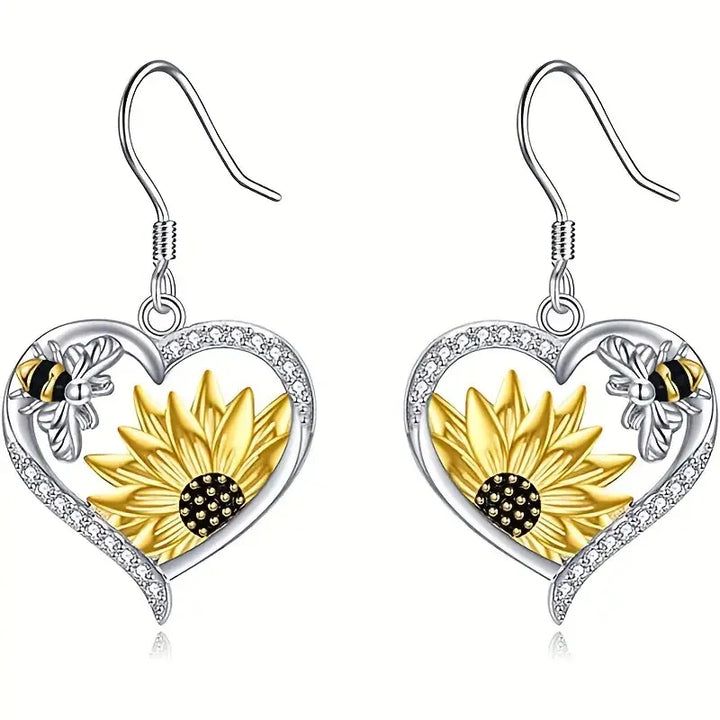 Vintage Boho Sunflower & Bee Heart Drop Earrings