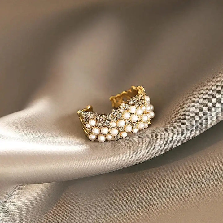 Vintage adjustable pearl and cubic zirconia ring