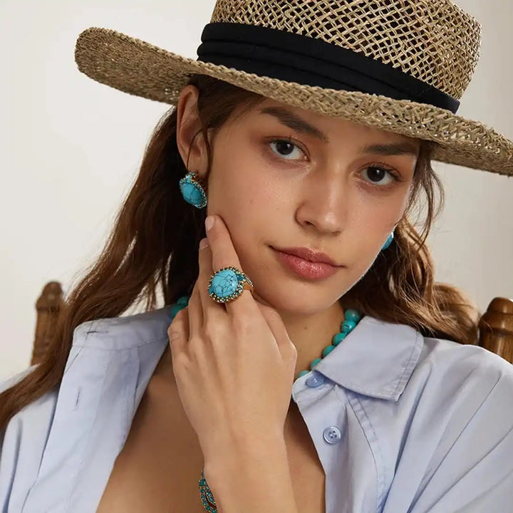 Gold-Tone Turquoise Stone Zirconia Ring