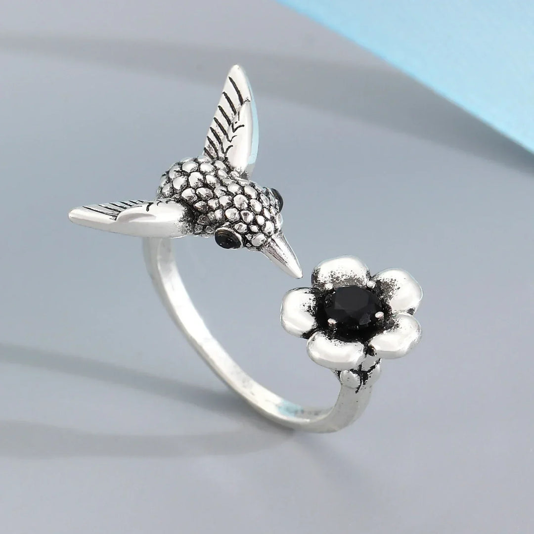 Hummingbird & Blossom Ring - Adjustable Open Bird Ring for Women