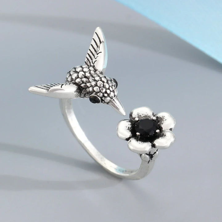 Hummingbird & Blossom Ring - Adjustable Open Bird Ring for Women