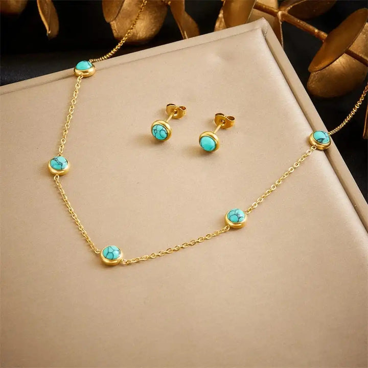 Boho Silver Turquoise Necklace, Earrings & Bracelet Set