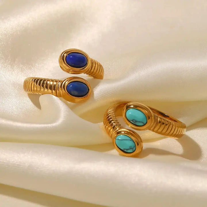 Boho adjustable gold ring with lapis lazuli & turquoise