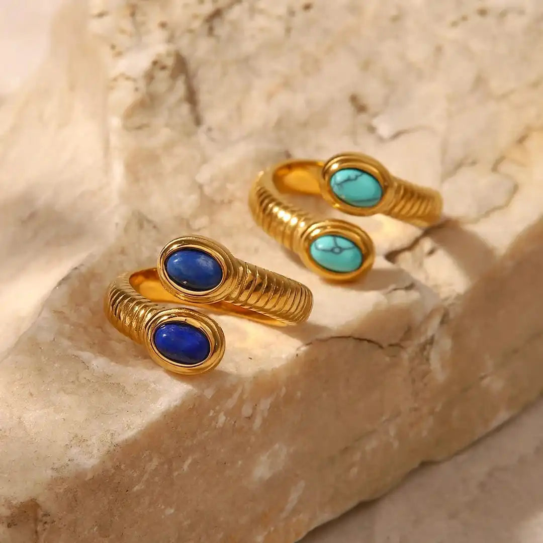 Boho adjustable gold ring with lapis lazuli & turquoise
