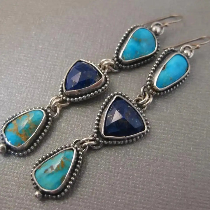 Boho Silver Turquoise Gemstone Drop Earrings