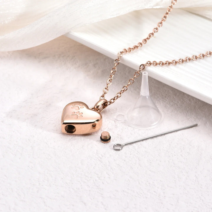 Pet Memorial Urn Necklace - Heart-Shaped Pendant with Paw Engraving