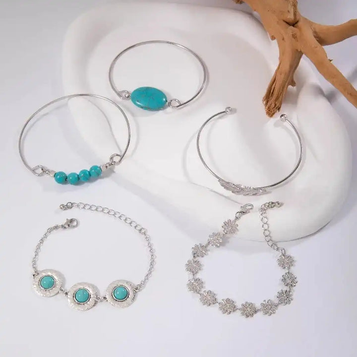 Vintage Silver Turquoise Flower Bracelet Set