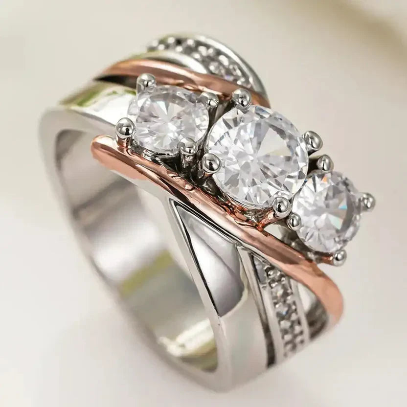 Two-Tone Bypass Cocktail Ring with Cubic Zirconia Pavé