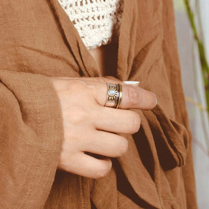 Two-Tone Moonstone Ring with Wide Band in Silver and Gold