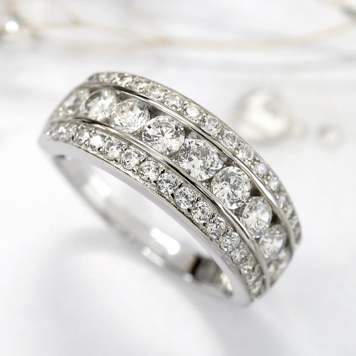 Three-Row Channel-Set Pavé Cocktail Ring in Silver-Tone with Clear Stones
