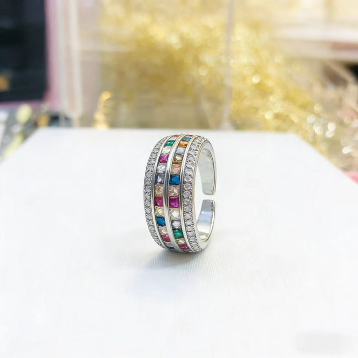 Rainbow Multi-Stone Cocktail Ring in Silver-Tone with Pave Crystal Band