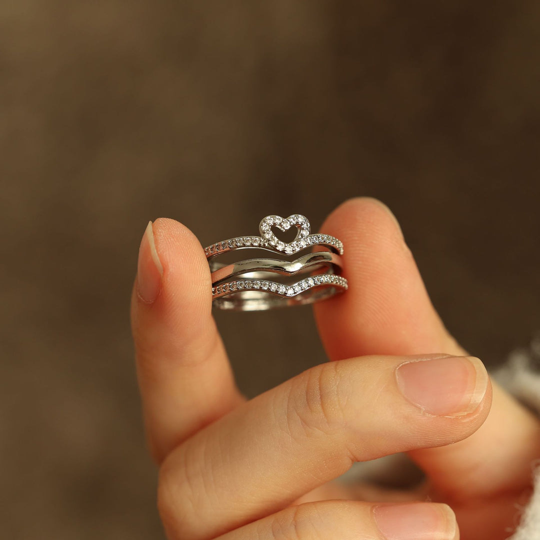 Heart Motif Stacking Ring Set with Curved Pavé Bands