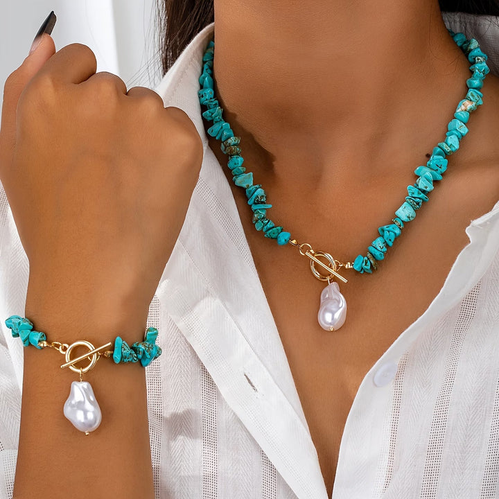 Turquoise & Pearl Necklace and Bracelet Set