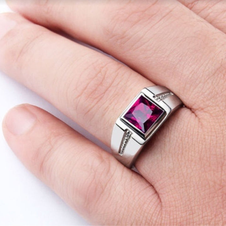 Square Crystal Signet Ring with Textured Band, Bezel-Set Stone