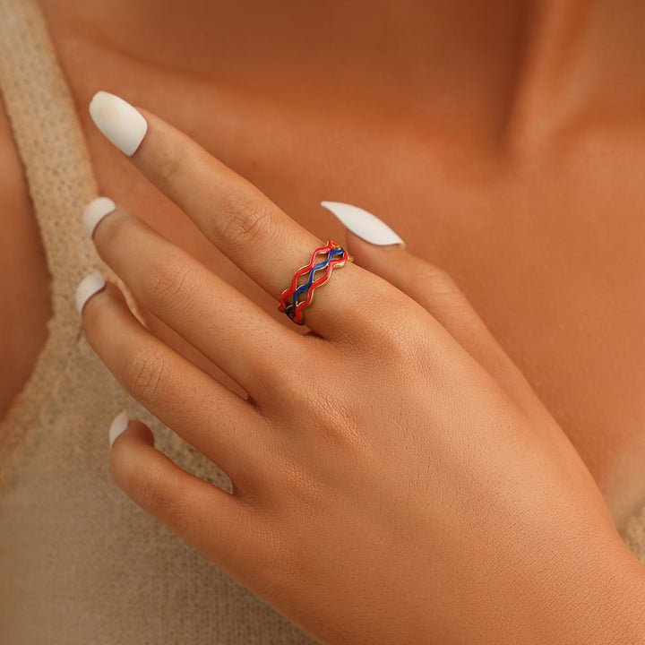 Twisted Cuff Ring with Red and Navy Enamel Accents in Gold-Tone or Silver-Tone
